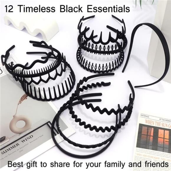 12Pcs Black Headbands for Women with Teeth Plastic Head Bands - Picture 5 of 8